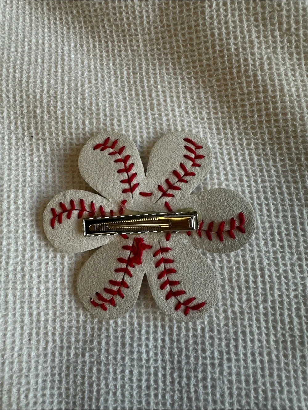 White & Red Baseball Stitch Flower Hair Clip with Rhinestone Center